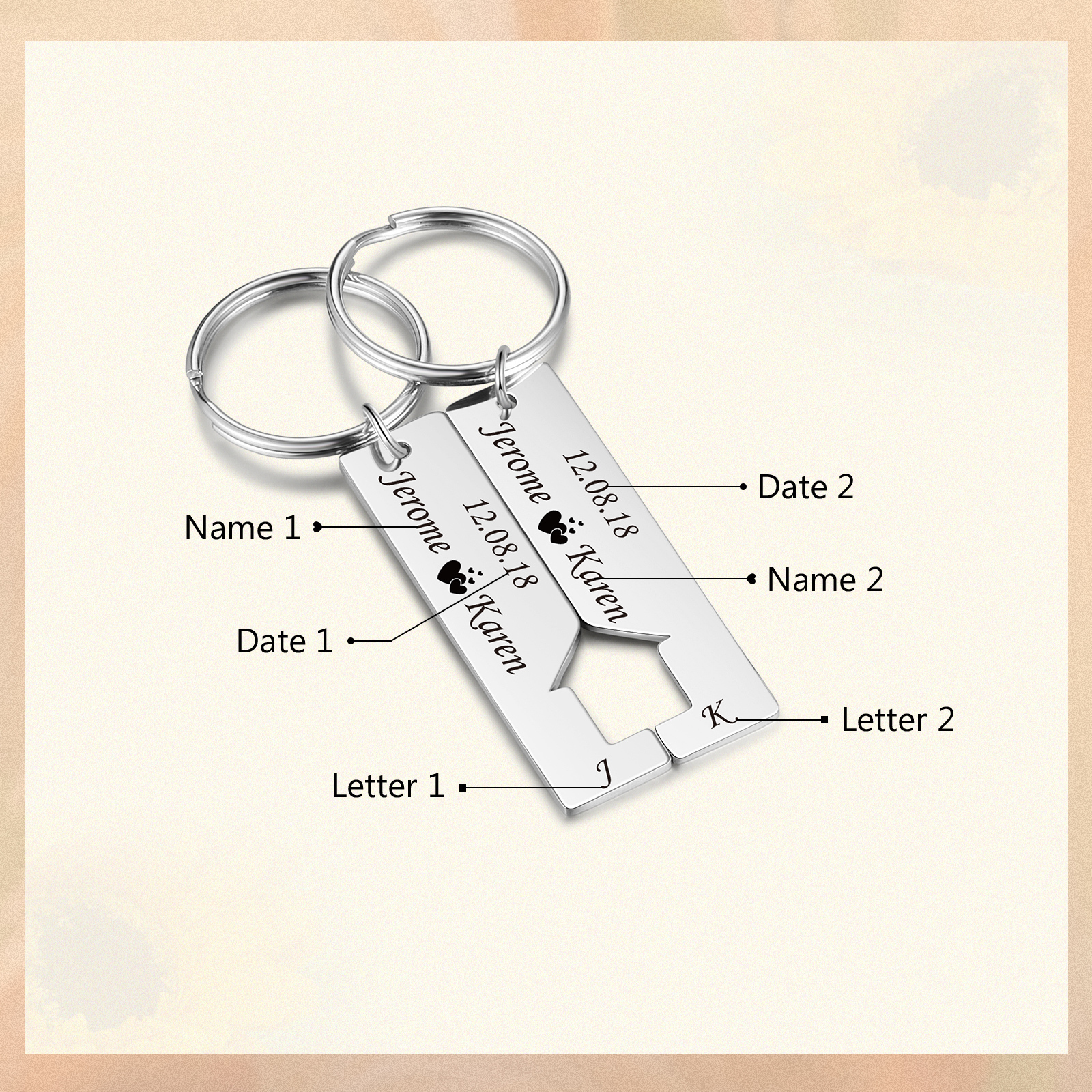 Personalised Couple Keychain Custom 2 Letters & 2 Dates & 2 Names Stainless Steel Keyring Valentine's Day Gift for Husband/Wife -Jessemade AU