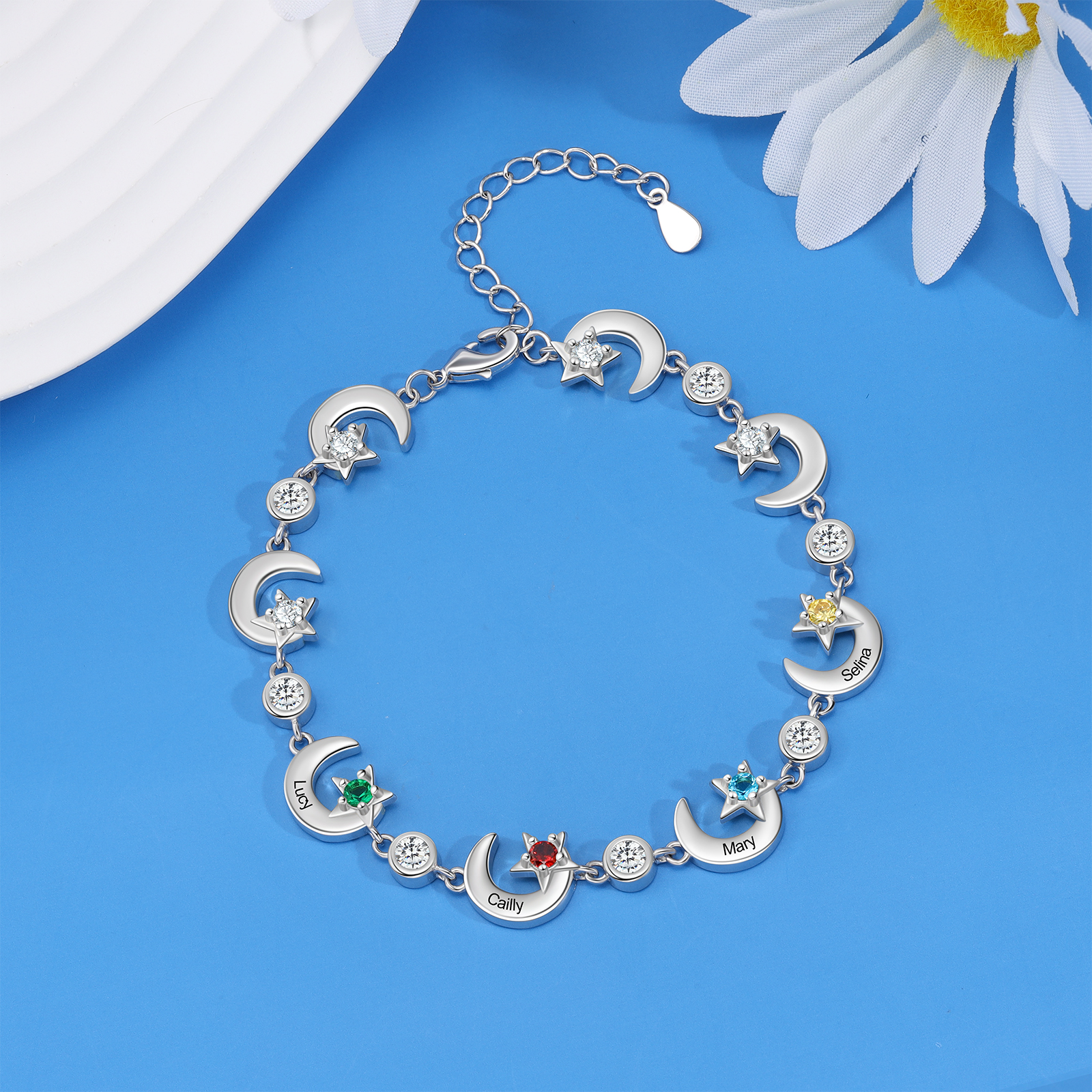Personalised Moons And Stars Bracelet With 4 Birthstones Custom Names Bracelet Gift For Women-Jessemade AU