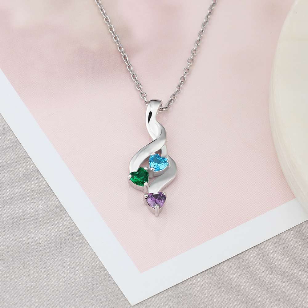 Personalised Necklace With 3 Heart Birthstones Engraved Names Gift For Women-Jessemade AU