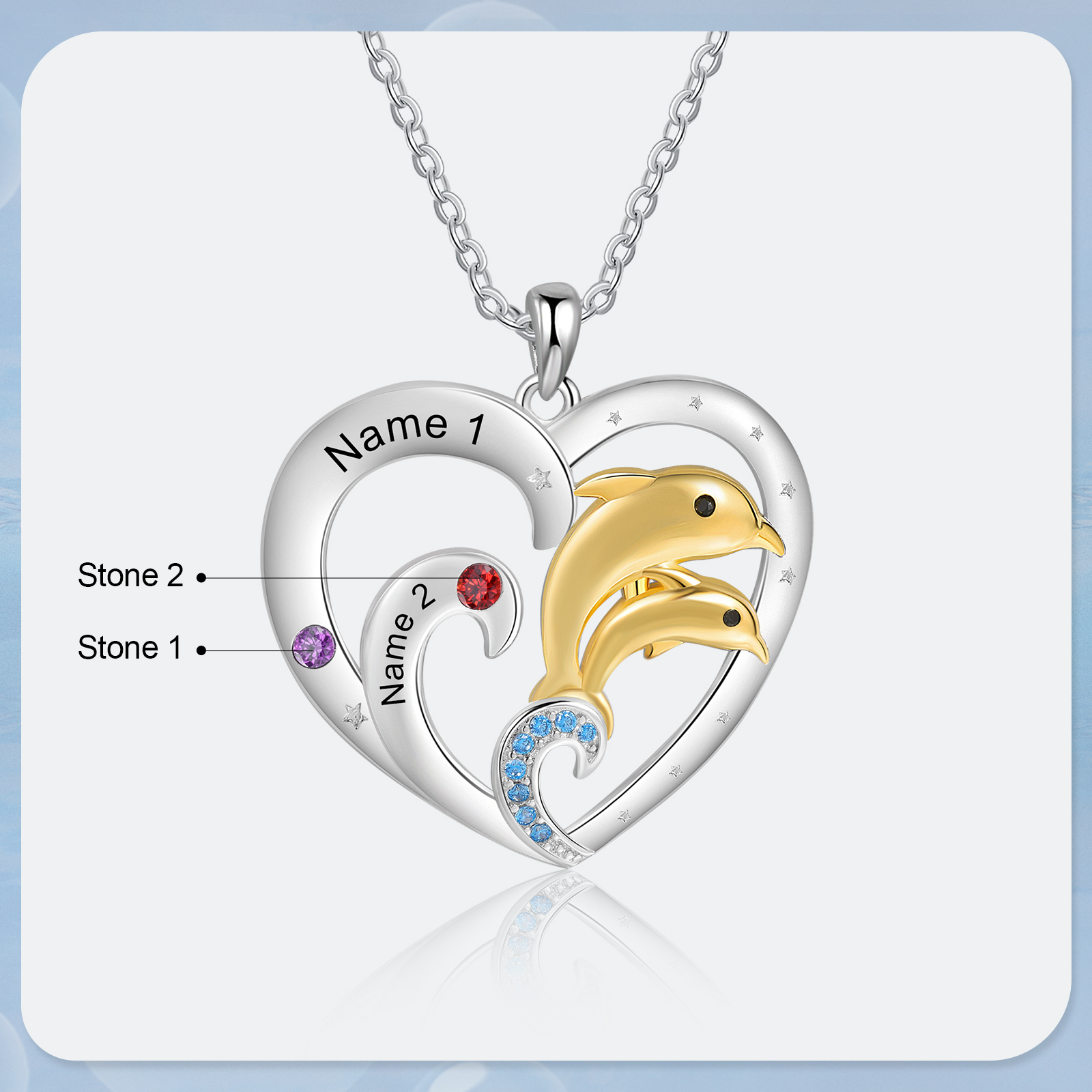 Personalised Heart Dolphin Pendant Necklace Custom 2 Birthstones Engraved 2 Names Necklace Gift for Her-Jessemade AU