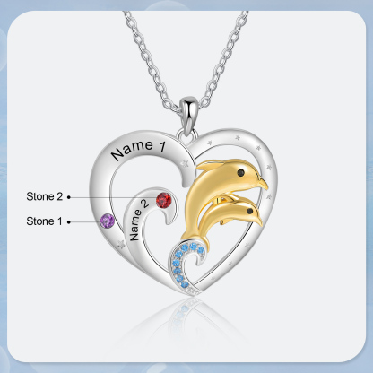 Personalised Heart Dolphin Pendant Necklace Custom 2 Birthstones Engraved 2 Names Necklace Gift for Her-Jessemade AU