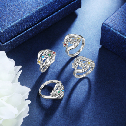 Personalised Star Ring With 1 Birthstone Engraved Names Ring Gift For Women-Jessemade AU