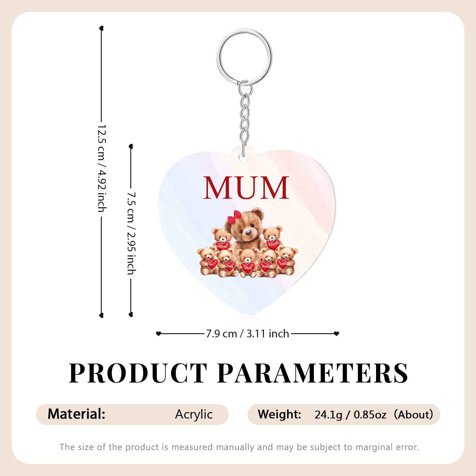 7 Names - Personalised Acrylic Keychain Custom 1 Text Teddy Bears Family Hanging Ornaments Gift for Mum/Grandma-Jessemade AU