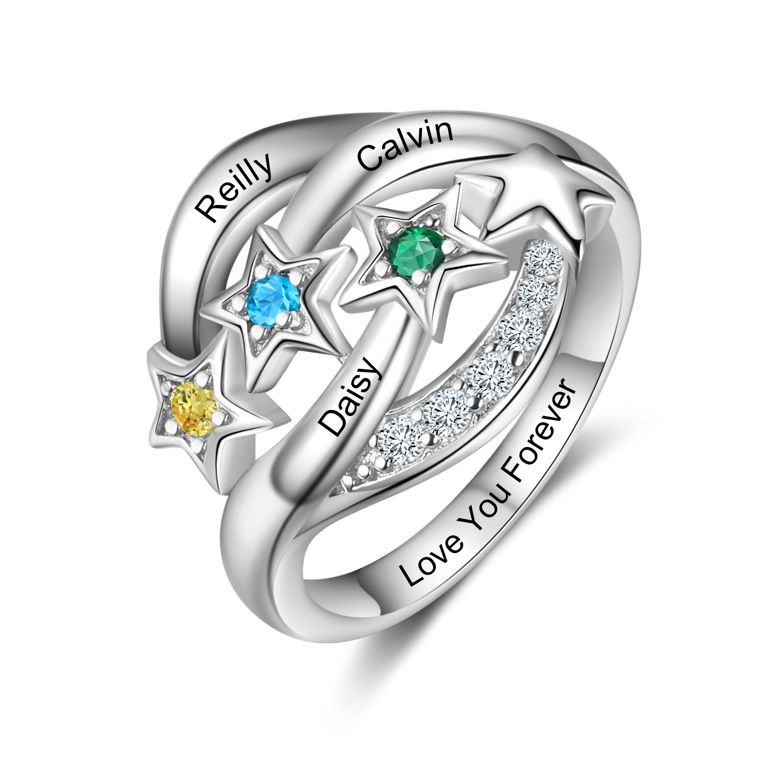 Personalised Star Ring With 3 Birthstones Engraved Names Ring Gift For Women-Jessemade AU