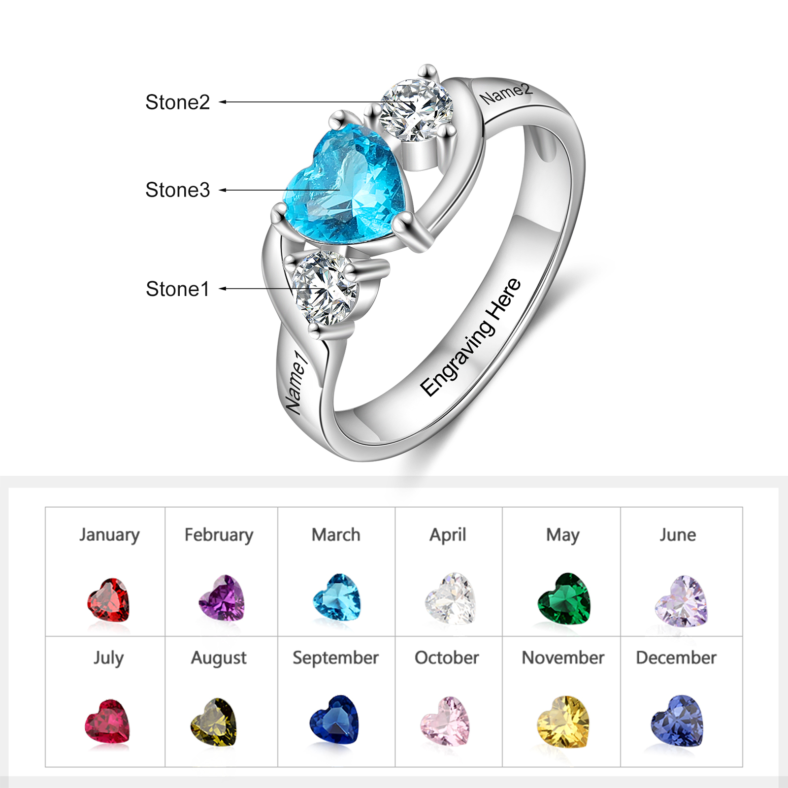 Personalised Mothers Ring With 3 Birthstones Engraved Names Ring Gifts For Mom-Jessemade AU