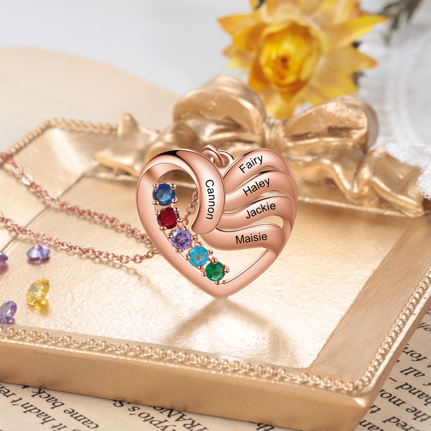 Personalised Heart Necklace With 5 Birthstones Engraved Names Family Necklace Gifts for Her-Jessemade AU
