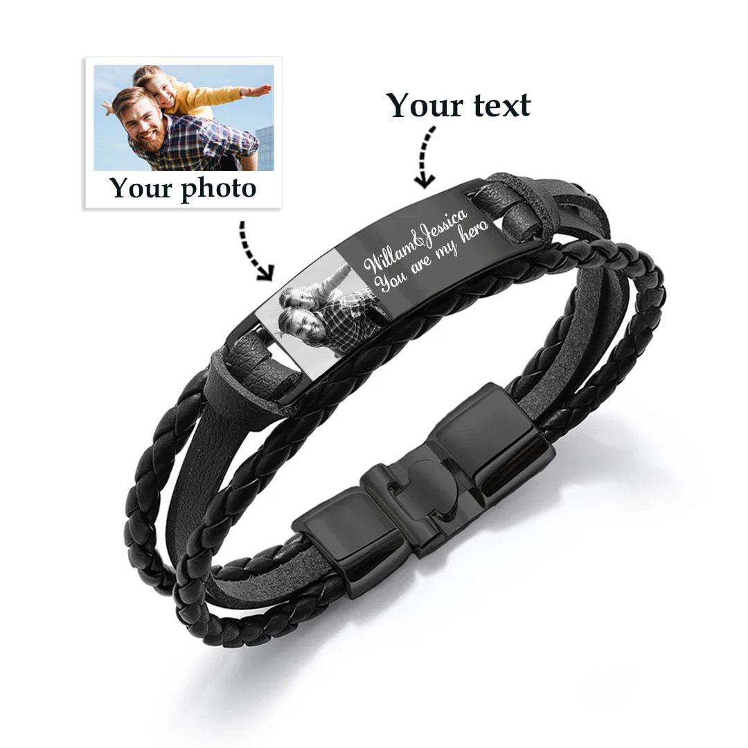 Personalised Braided Leather Bracelet Custom 1 Photo & 2 Texts Fathers Day Gift for Dad