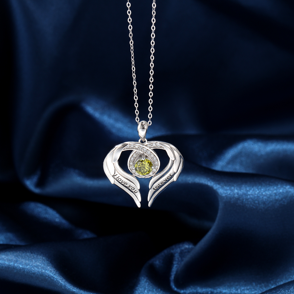 Personalised Heart Wings Necklace with 1 Birthstone Engraved Names Gift For Her-Jessemade AU