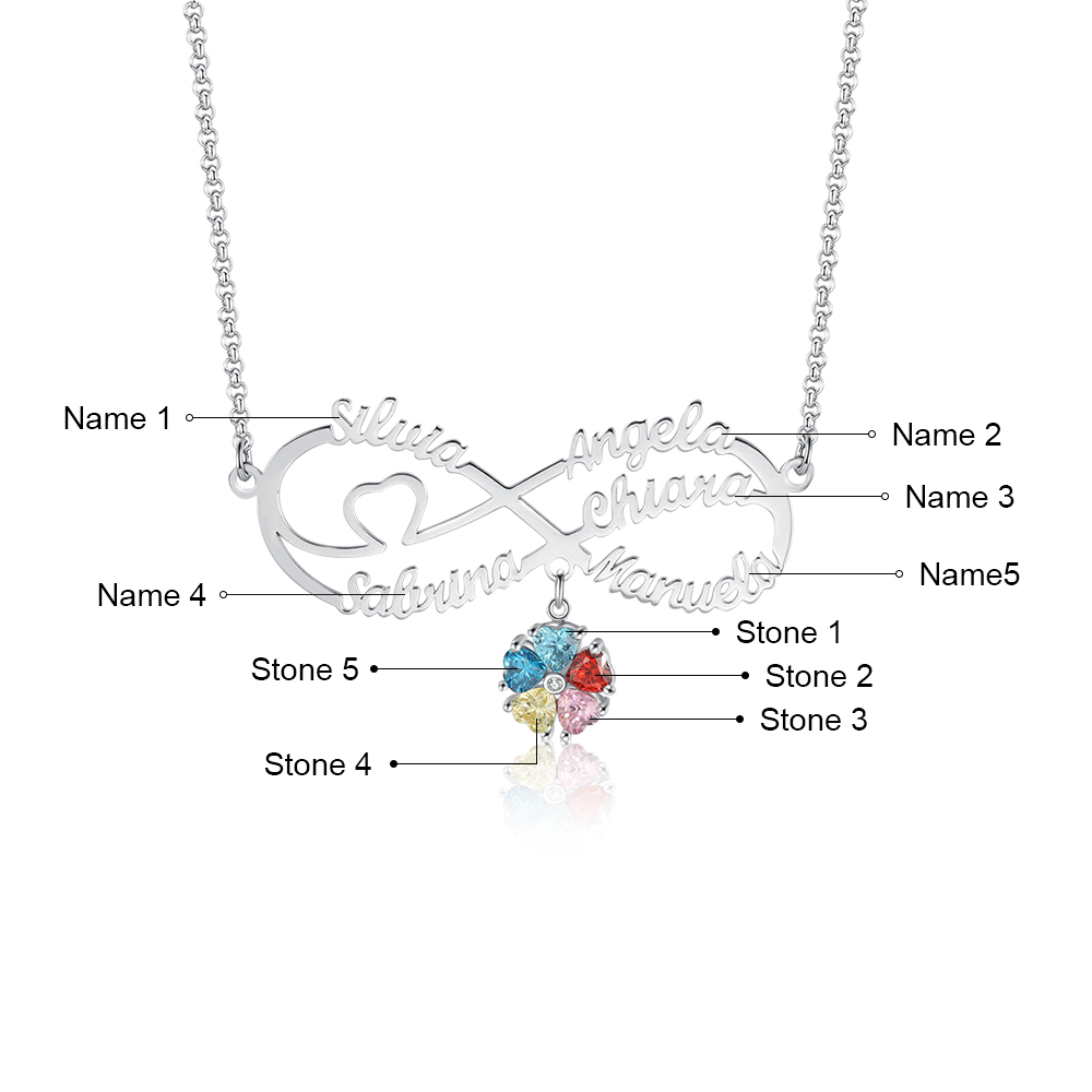 Personalised Infinity Necklace With 5 Birthstones Engraved Names Necklace Gift For Women-Jessemade AU