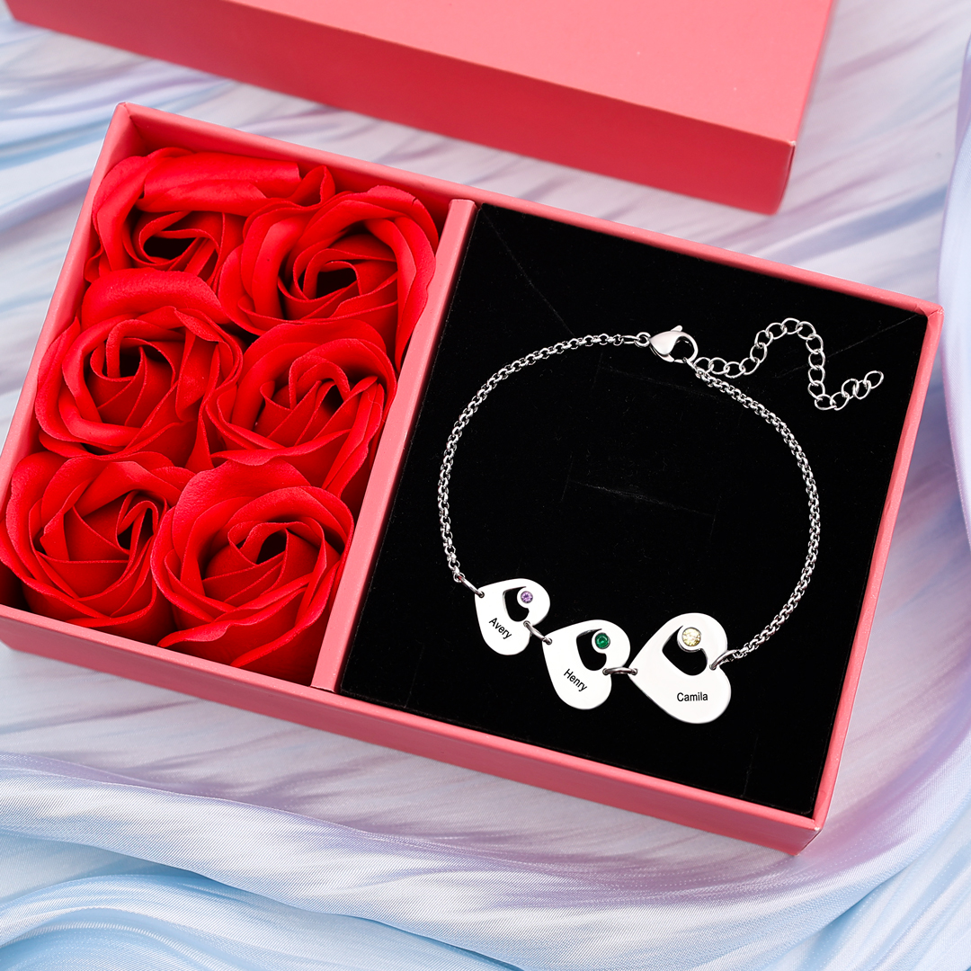 3 Names - Personalised Heart Bracelet Custom Names & Birthstones Family Bracelet Gifts for Her-Jessemade AU