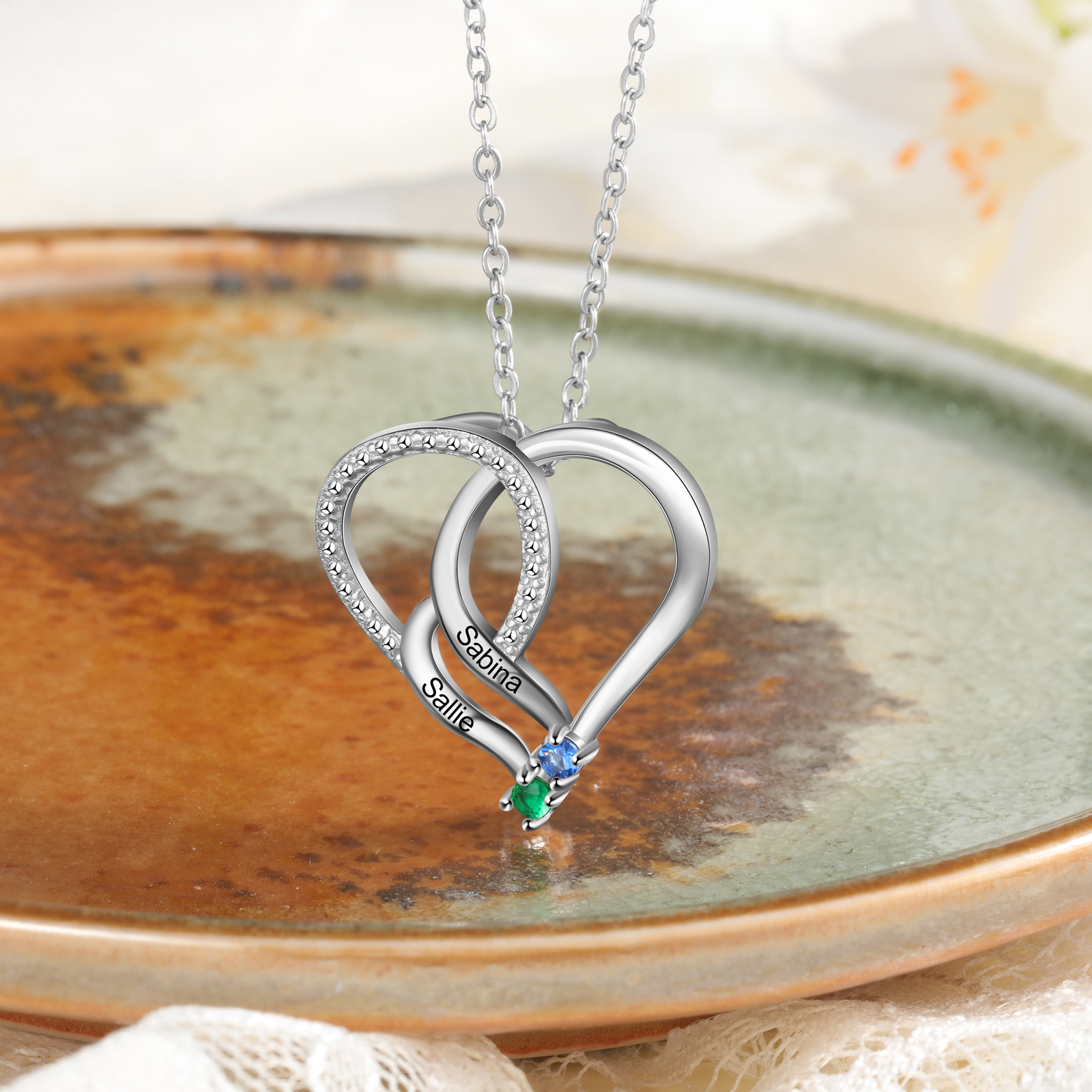 Personalised Heart Necklace With 2 Birthstones Engraved Names Gift For Her-Jessemade AU