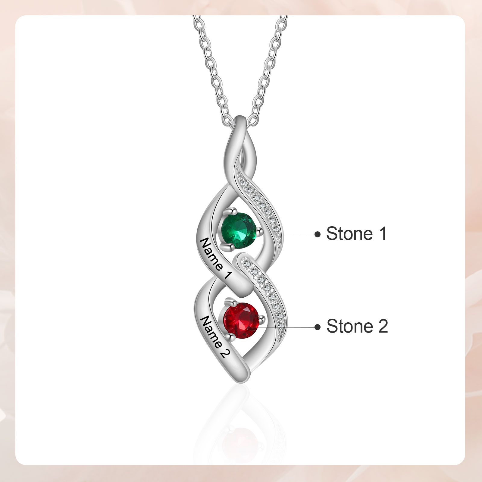 Personalised Twisted Pendant Necklace Custom 2 Birthstones & 2 Names Necklace