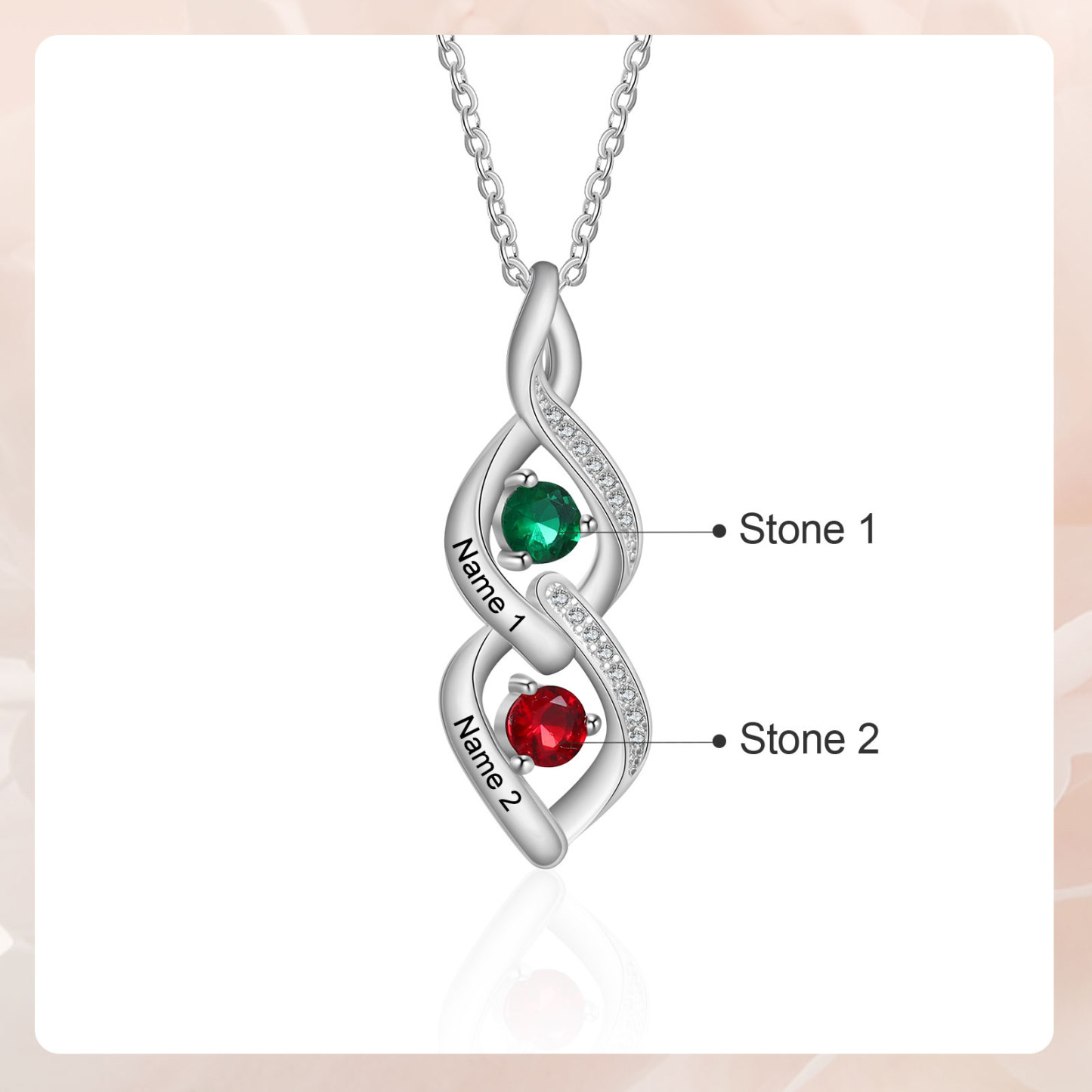 Personalised Twisted Pendant Necklace Custom 2 Birthstones & 2 Names Necklace