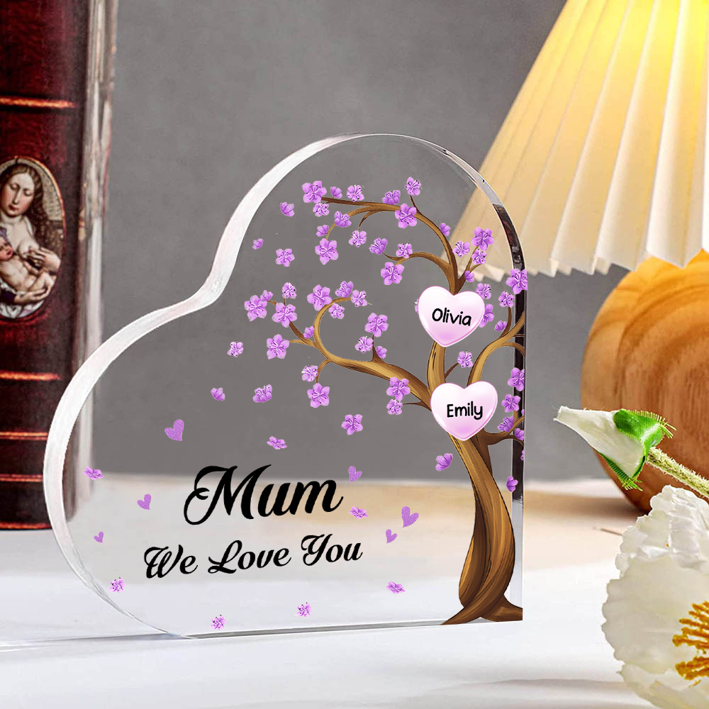 2 Names - Personalised Acrylic Heart Keepsake Custom Text Purple Flowers Tree Ornaments Gifts for Grandma/Mother-Jessemade AU