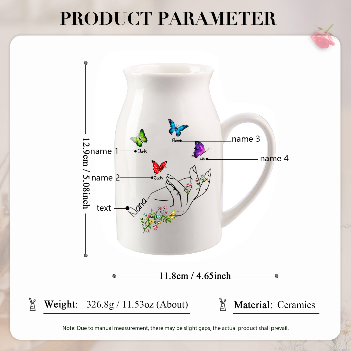 Personalised Ceramic Flower Vase Custom 2–8 Names & 1 Text Butterfly In Hand Vase Gift for Mother/Grandma-Jessemade AU