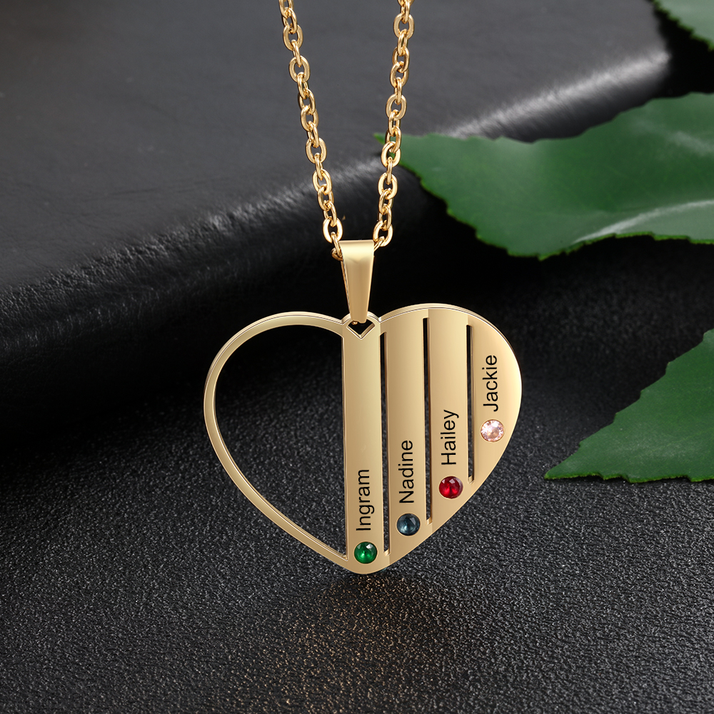 Personalised Heart Necklace With 4 Birthstones Engraved Names Gift For Her-Jessemade AU