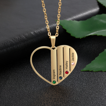 Personalised Heart Necklace With 4 Birthstones Engraved Names Gift For Her-Jessemade AU