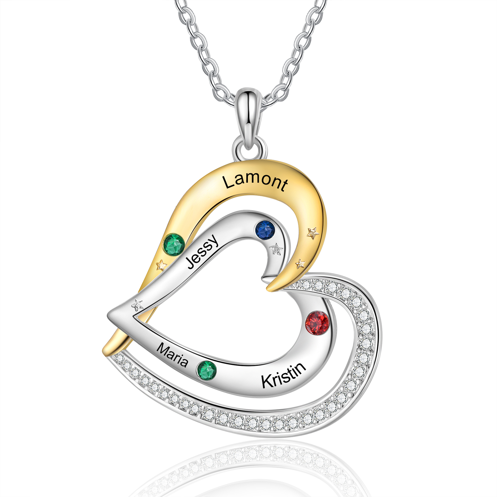 Personalised 4 Birthstones & 4 Names Necklace Custom Heart Pendant Necklace Gifts for Her-Jessemade AU