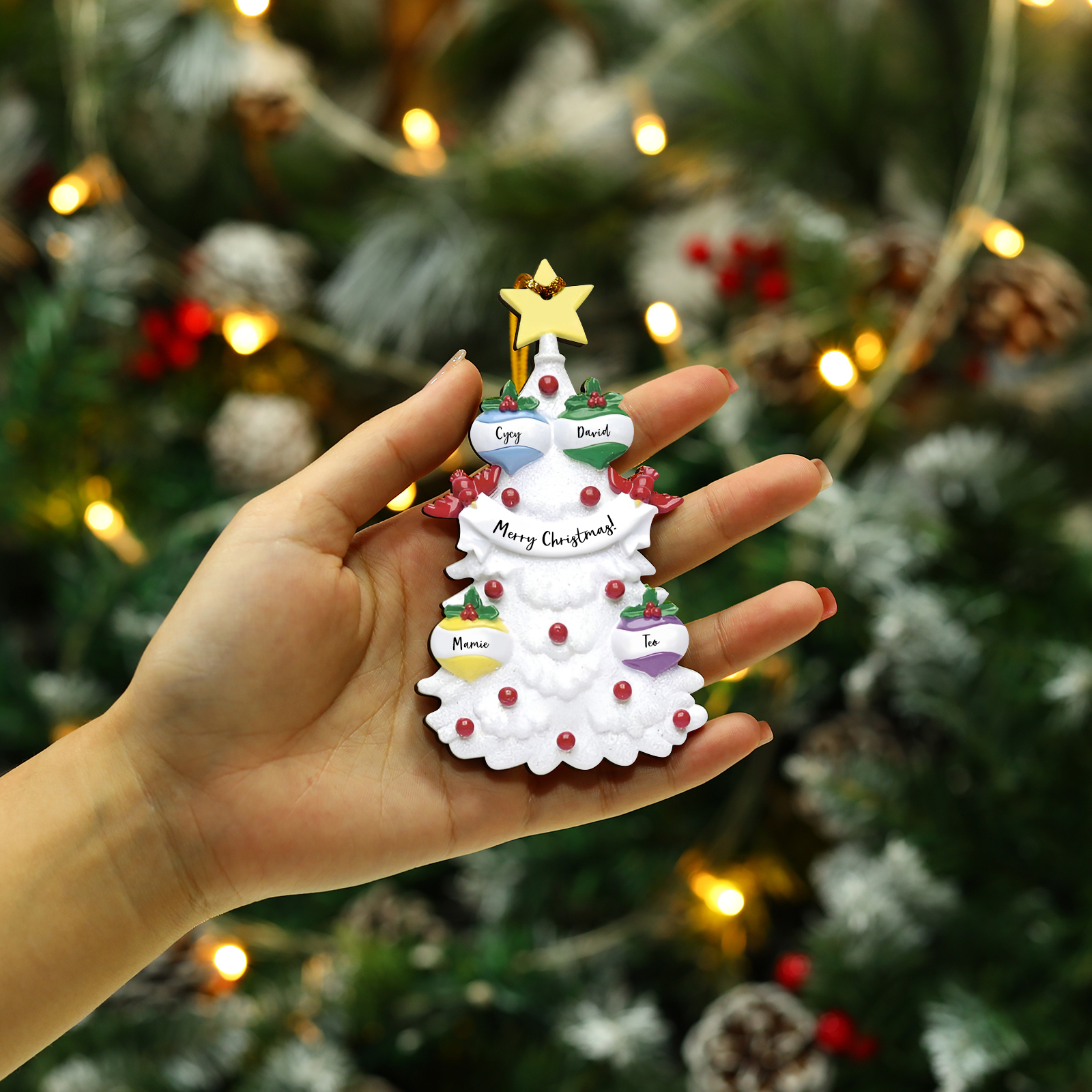 4 Names - Personalised Christmas Tree Ornament Customised Name & Text Wooden Hanging Ornaments Christmas Gift for Family-Jessemade AU