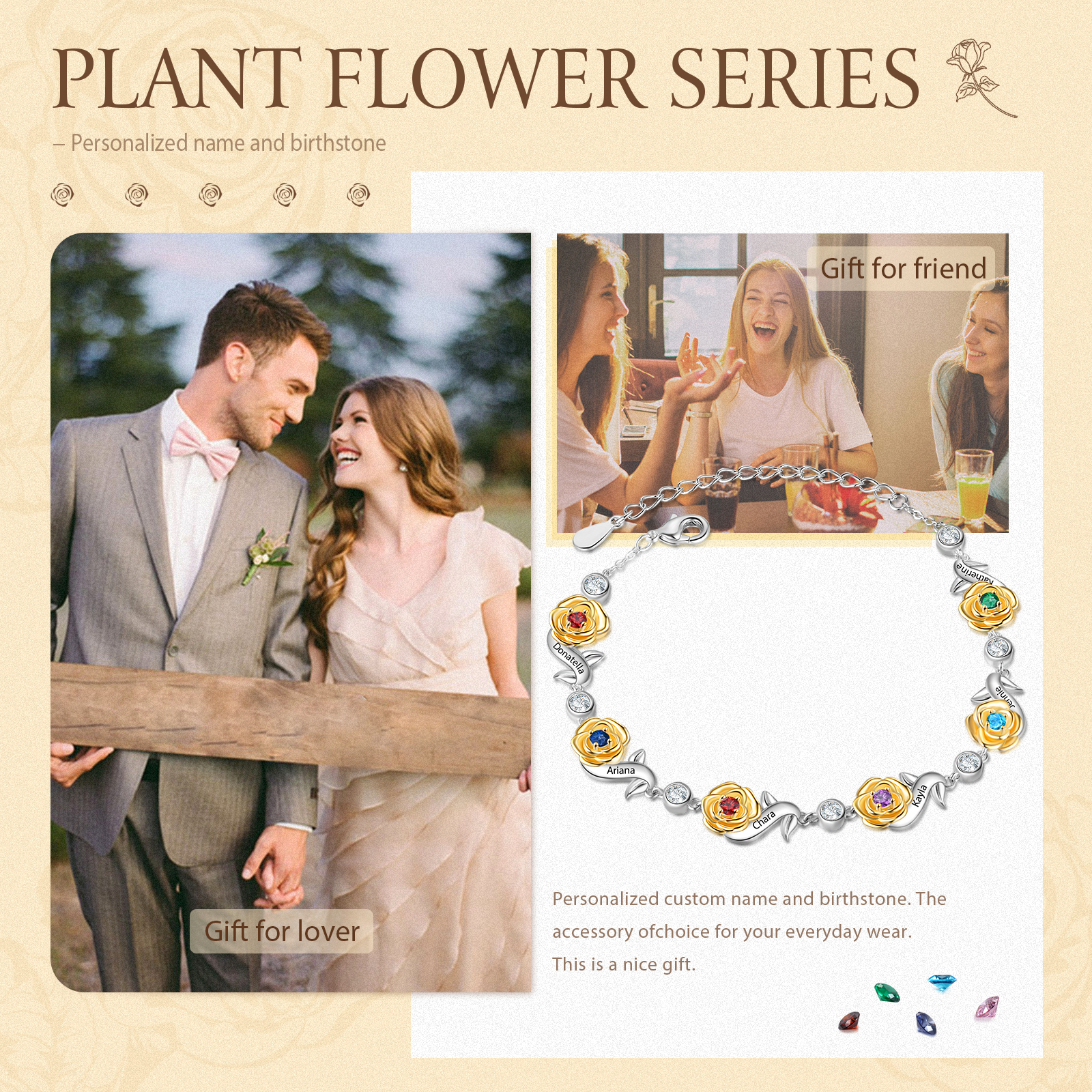 Flowers Bracelet Personalised 6 Birthstones Bracelet Engraved Names Flowers Charm Gifts For Her-Jessemade AU