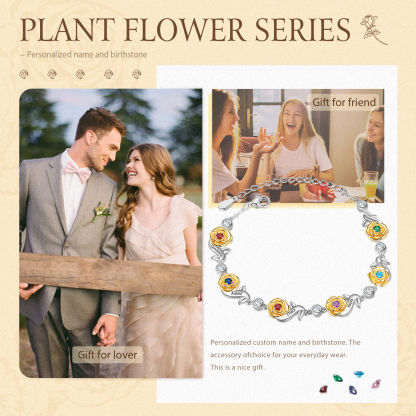 Flowers Bracelet Personalised 6 Birthstones Bracelet Engraved Names Flowers Charm Gifts For Her-Jessemade AU