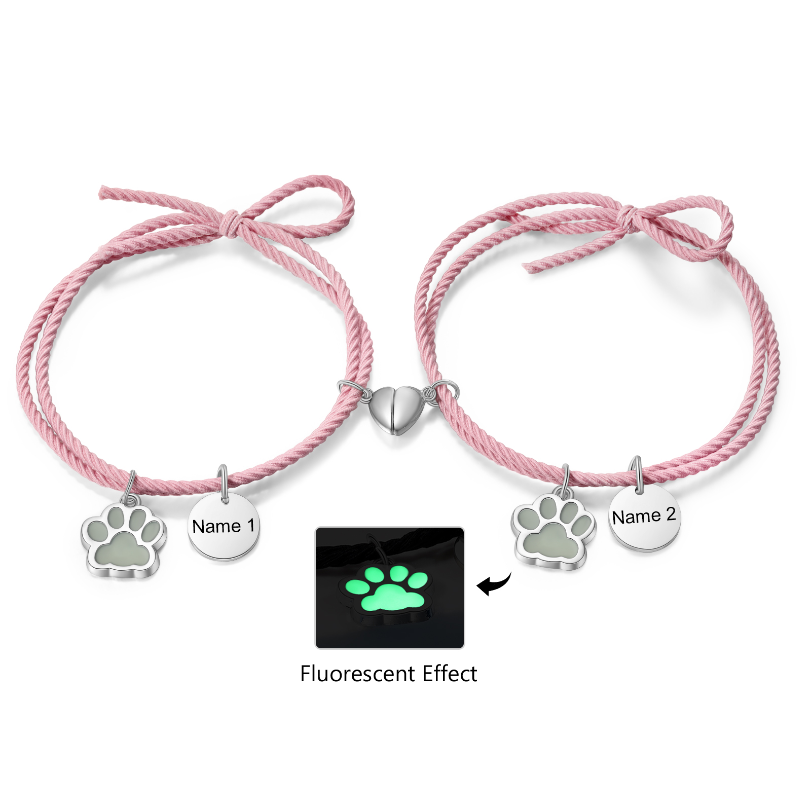 Personalised Couple Bracelets Engraved 2 Names Dog Paw Fluorescent Bracelet Magnetic Bracelet Gifts For Him/Her-Jessemade AU