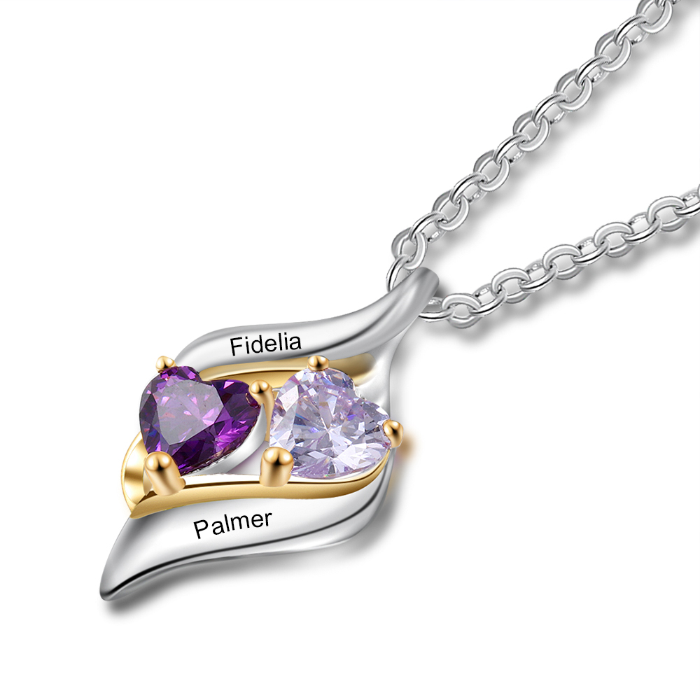 Personalised S925 Necklace With 2 Heart Birthstones Engraved Names Gift For Her-Jessemade AU