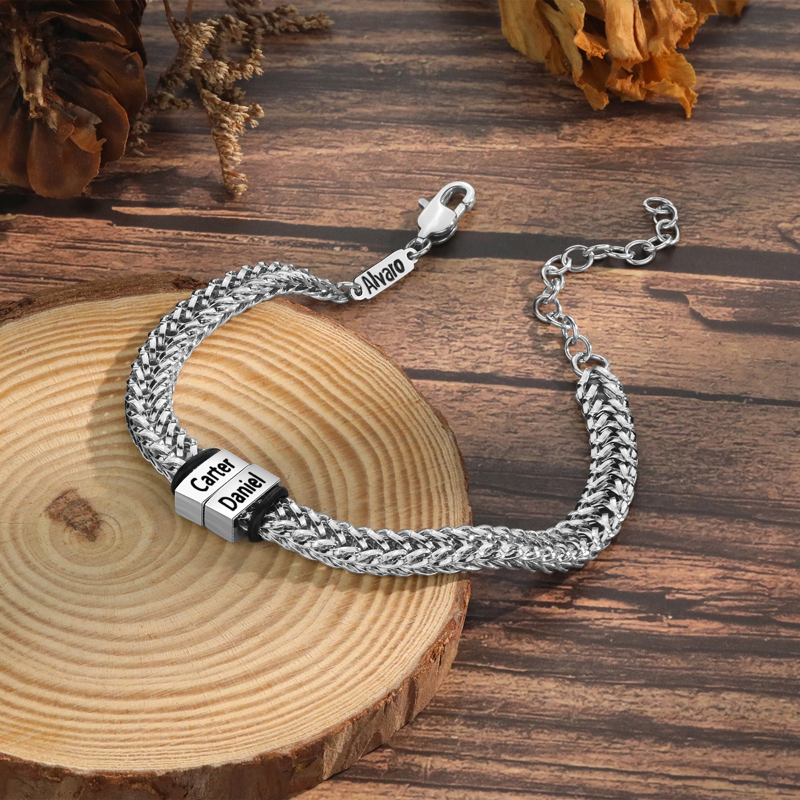 Personalised Men's Beaded Bracelet Custom 3 Names Adjustable Bracelets Stainless Steel Gifts for Him-Jessemade AU