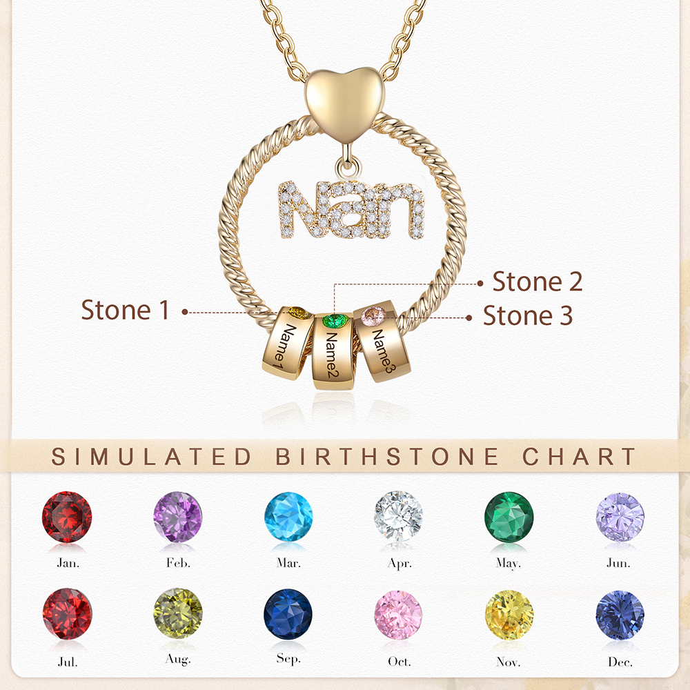 3 Names - Personalised Nan Necklace Custom Names & Birthstones Circle Pendant Necklace Gift for Grandma Nanna