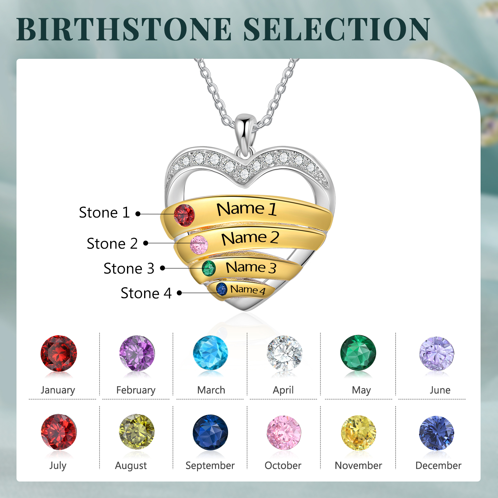 Personalised 4 Names & 4 Birthstones Necklace Custom Heart Pendant Women's Necklace Gifts for Her-Jessemade AU