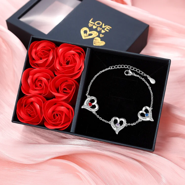 3 Names - Personalised Heart Bracelet Gift Set With Gift Box Custom Name & Birthstone Bracelet Gift For Her