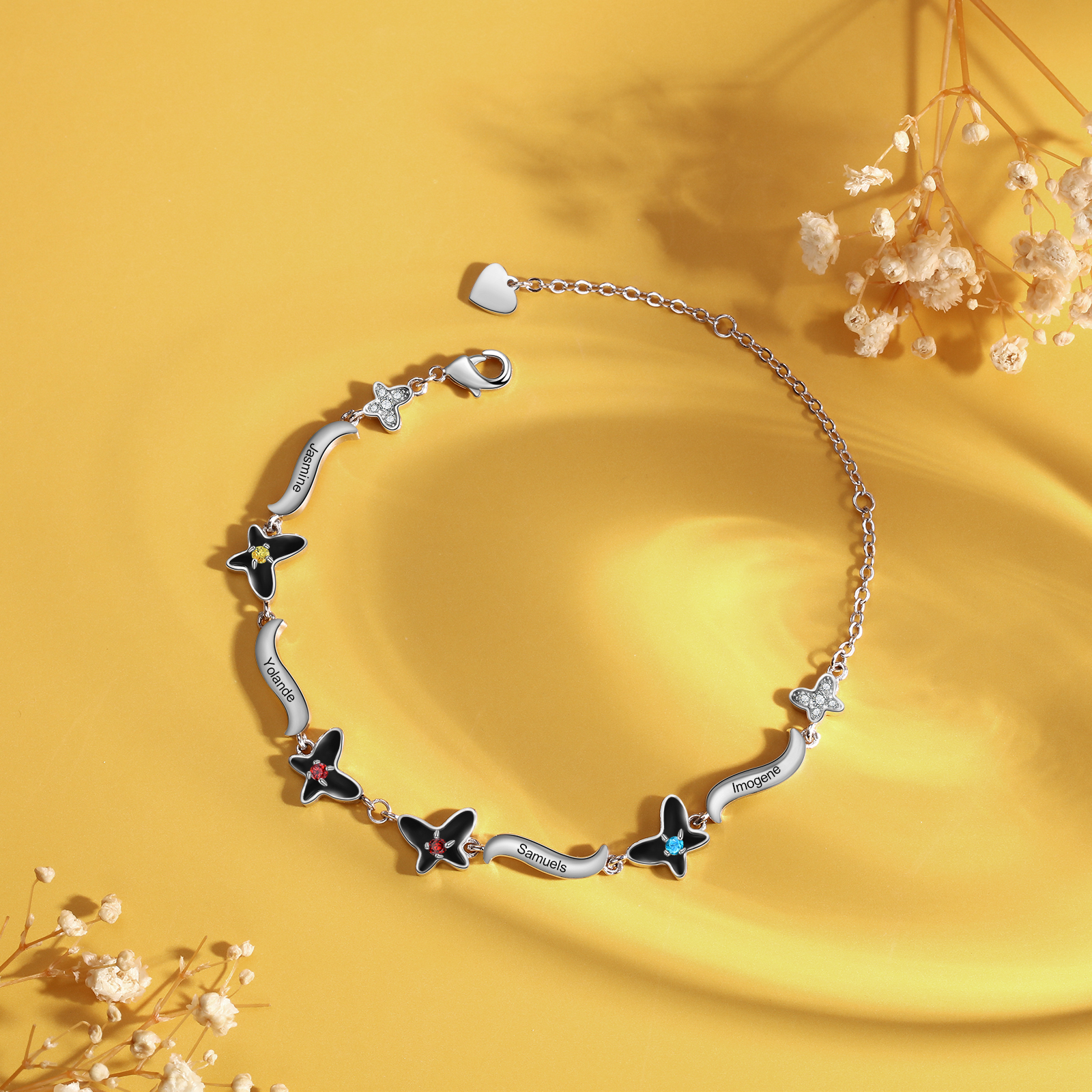 Personalised Butterfly Bracelet With 4 Birthstones Engrave Names Necklace Gift For Women-Jessemade AU