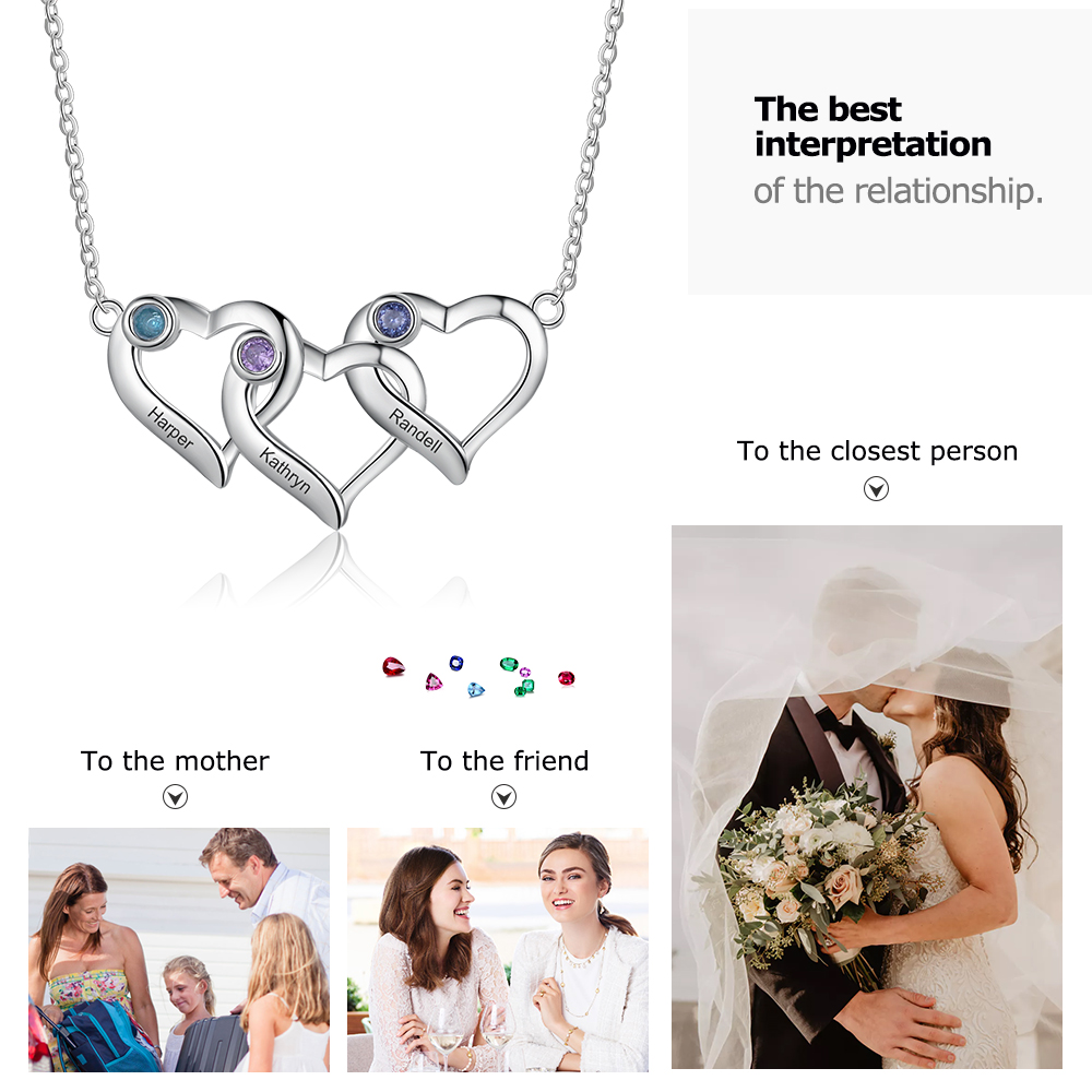 Personalised Heart Necklace With 3 Birthstones Engraved Names Gift For Her-Jessemade AU