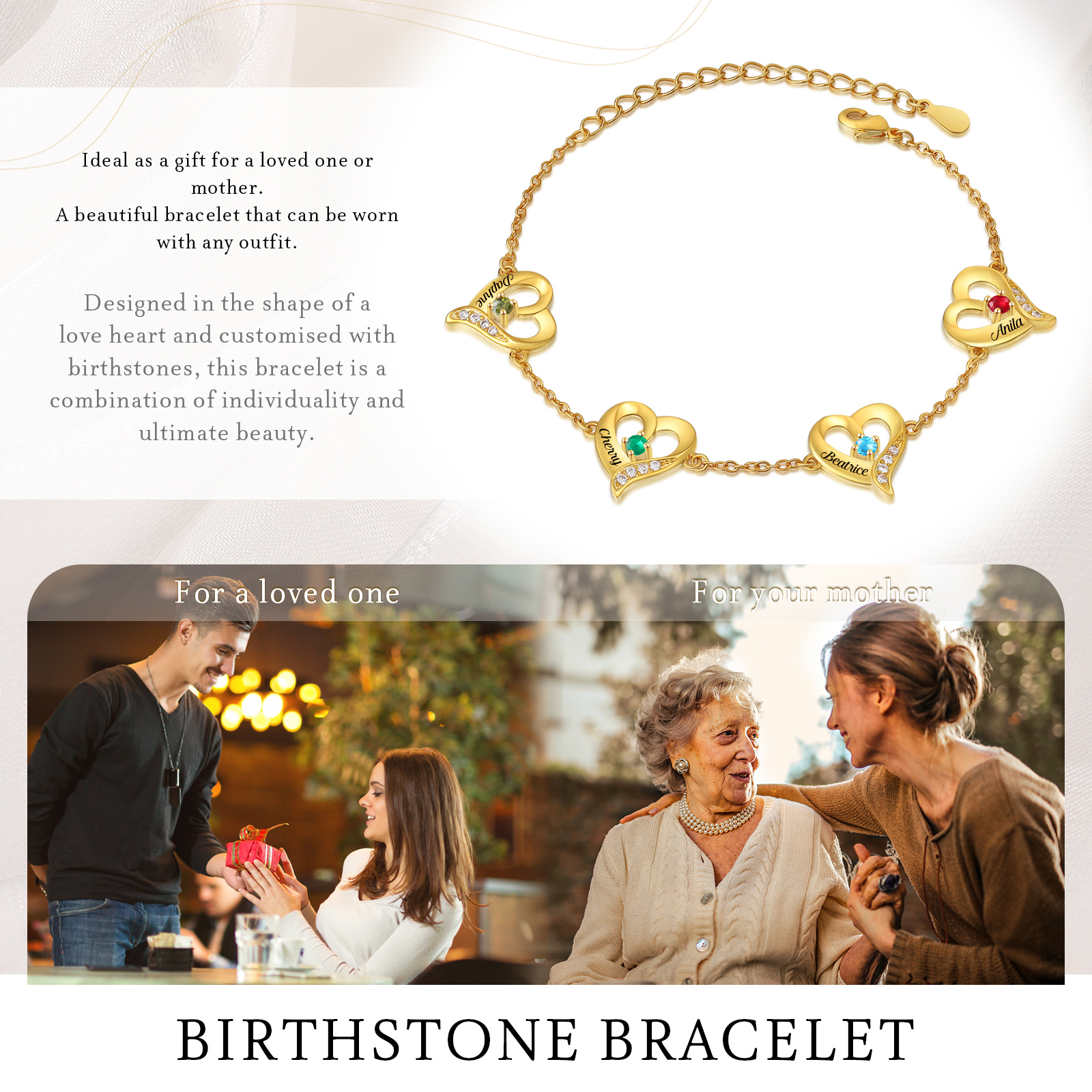 4 Names - Personalised Heart Bracelet Custom Names & Birthstones Bracelets Valentine's Day Gift For Her-Jessemade AU