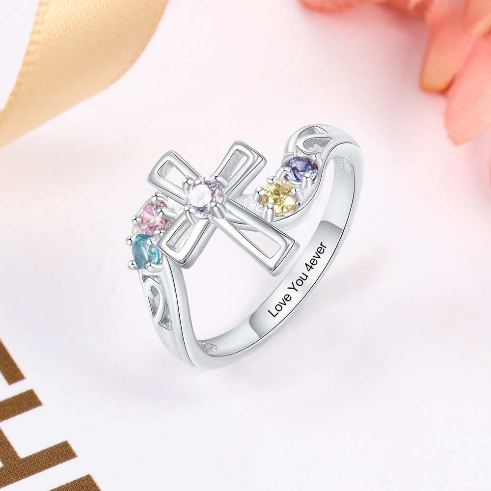 S925 Silver Ring Personalised 5 Birthstones Cross Ring With Names Gifts For Her-Jessemade AU