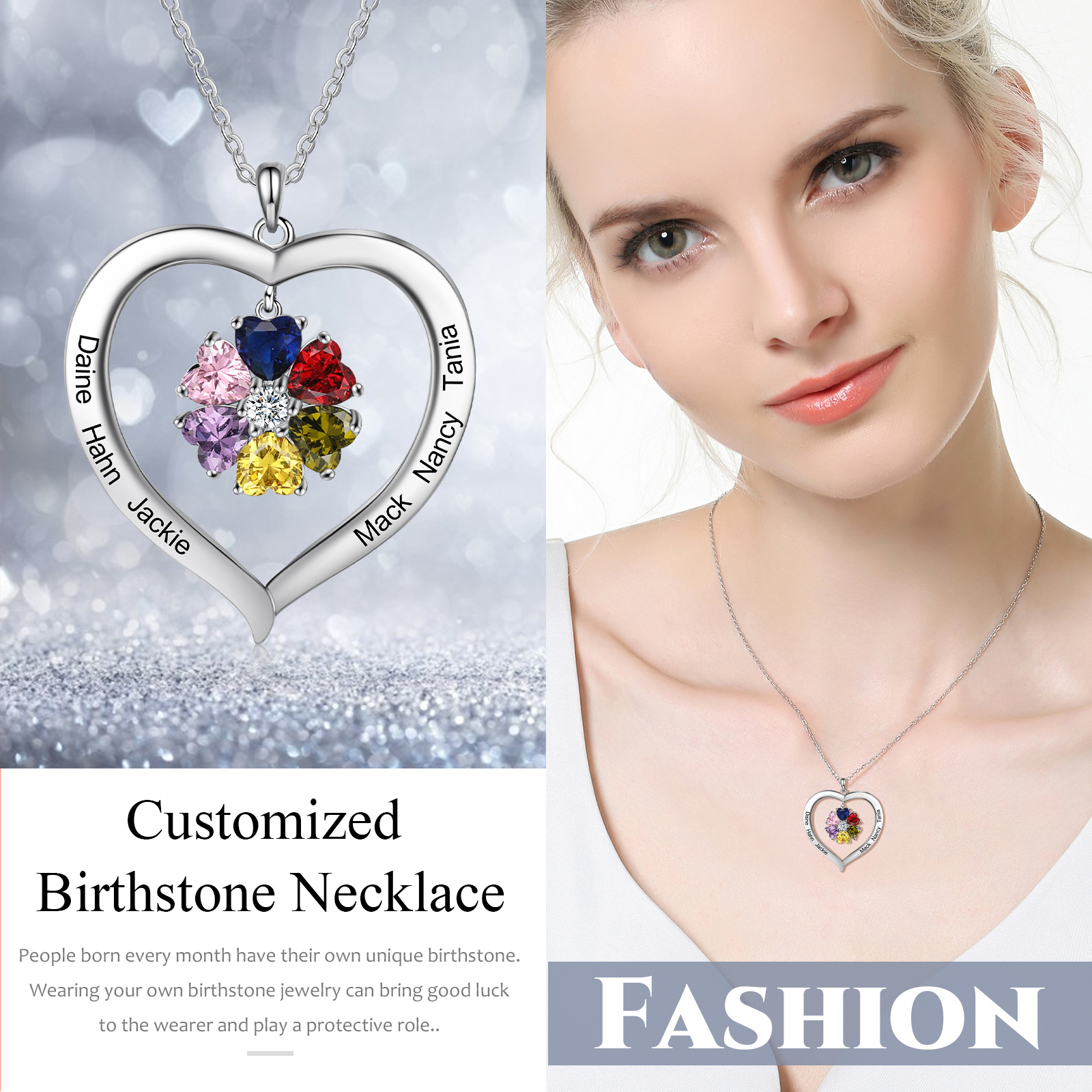 Personalised Heart Pendant Necklace with 6 Birthstones Engraved Names Family Necklace Gifts for Her-Jessemade AU