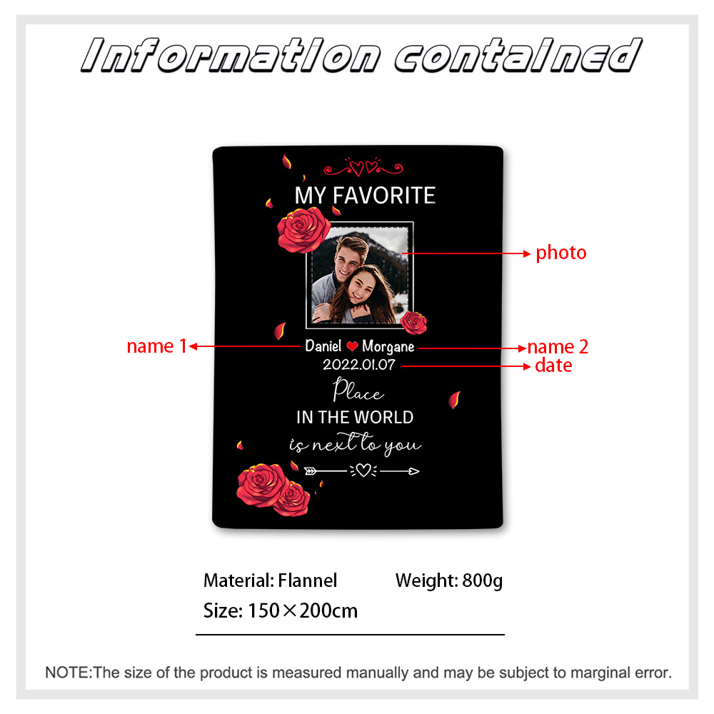 Couple Rose Blanket Customised 2 Names & Date & Photo Blanket Valentine's Day Gifts - My Favourite Place in The World is Next to You-Jessemade AU