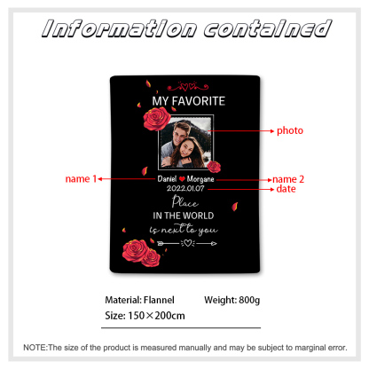 Couple Rose Blanket Customised 2 Names & Date & Photo Blanket Valentine's Day Gifts - My Favourite Place in The World is Next to You-Jessemade AU