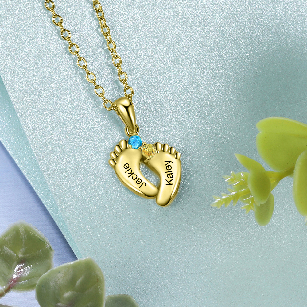 Baby Feet Necklace Custom 2 Birthstones Family Gifts Set for Mum