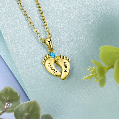 Baby Feet Necklace Custom 2 Birthstones Family Gifts Set for Mum