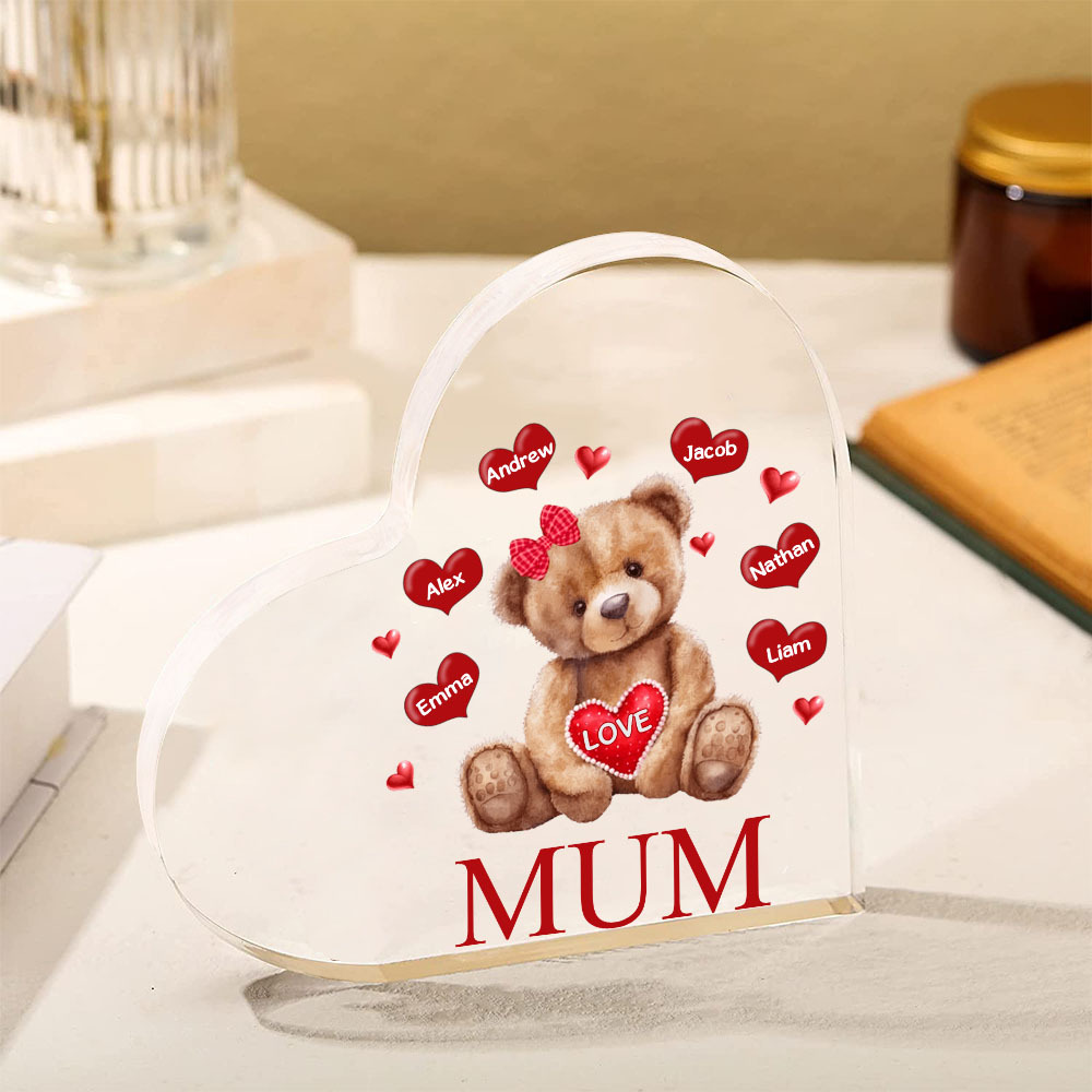 6 Names - Personalised Acrylic Heart Keepsake Custom 2 Texts Teddy Bear Ornaments Gifts for Grandma/Mother-Jessemade AU