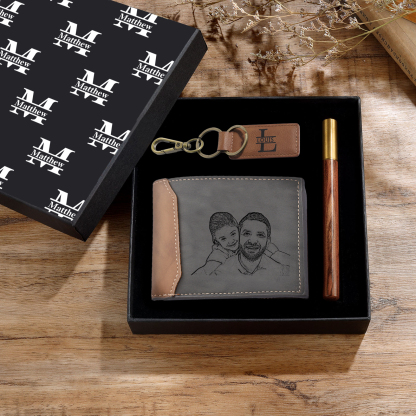 Personalised Photo & Text & Calendar & 2 Names & 2 Letters Gift Set Custom Wallet & Keychain & Pen Gift Box Set Gift for Dad/Grandpa-Jessemade AU