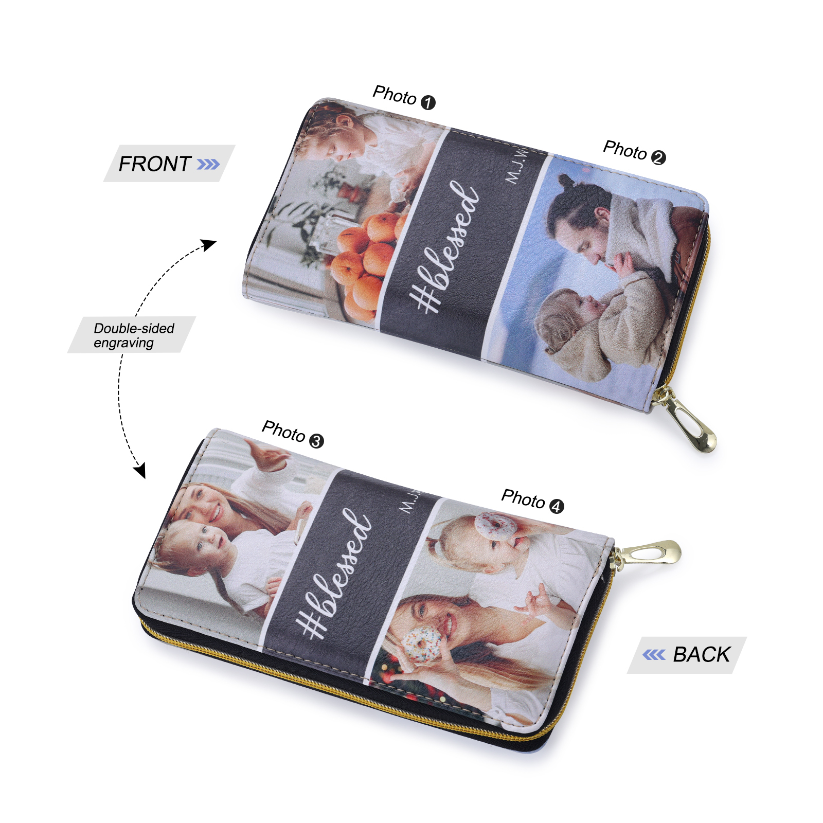 Long Purse Personalised Leather Wallet Engraved 4 Photos Zip Wallet 2023 Gifts For Women Men-Jessemade AU