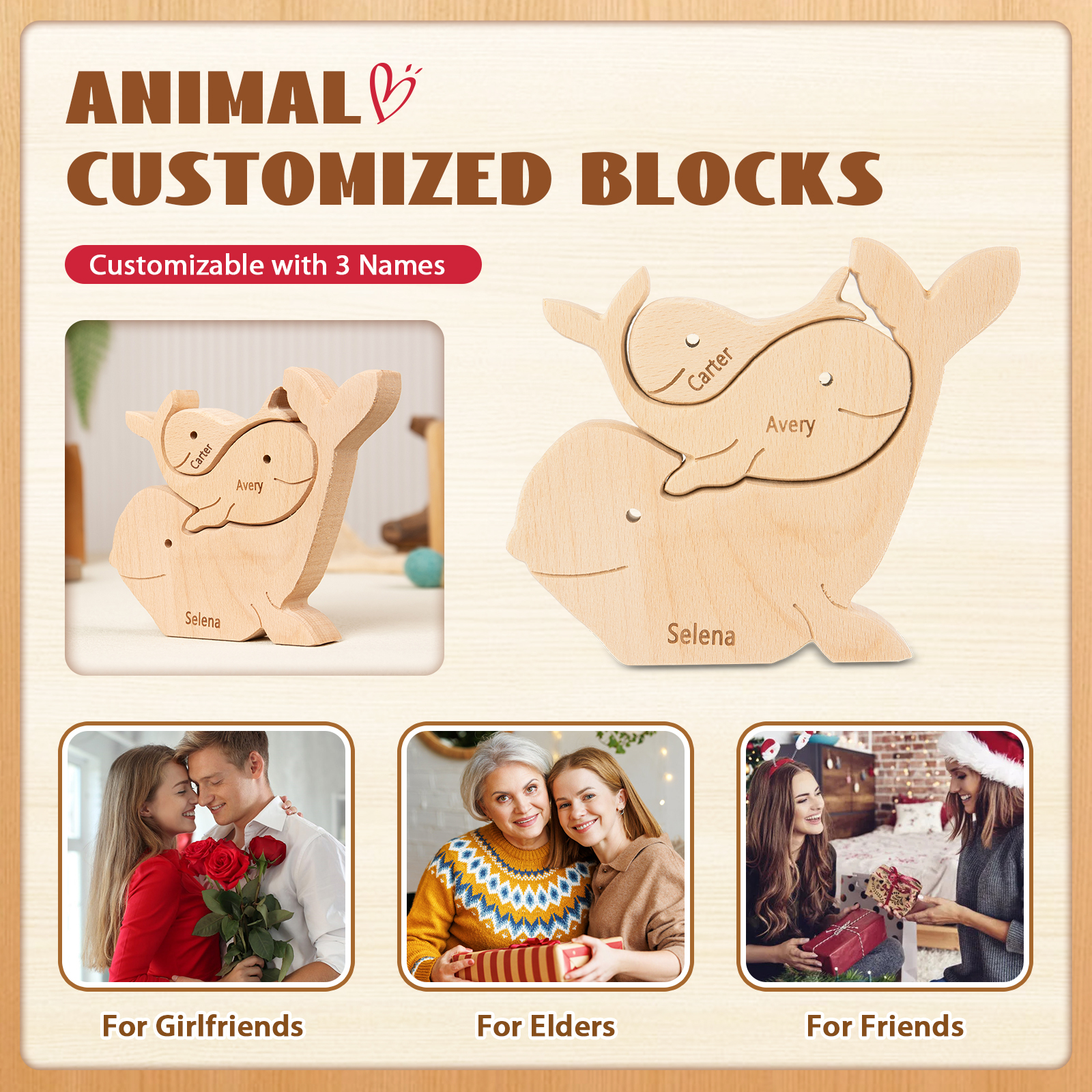 Personalised Wooden Animal Puzzle Custom 3 Names Puzzle Whale Bear Rabbit Hug Ornament Gifts for Family-Jessemade AU