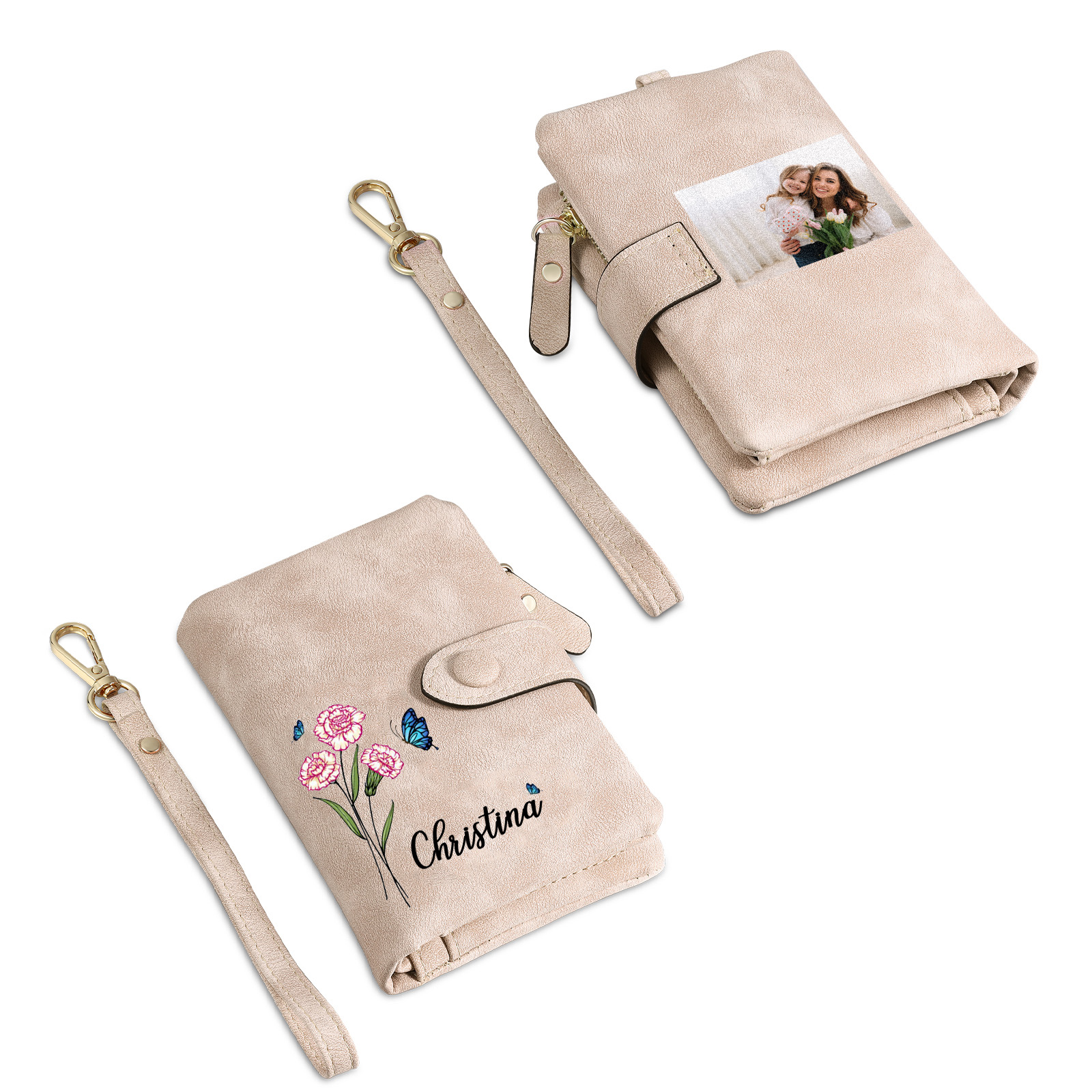 Personalised Women's Leather Wallet Custom Birthday Flower & Name & Photo Wallet Gift for Her