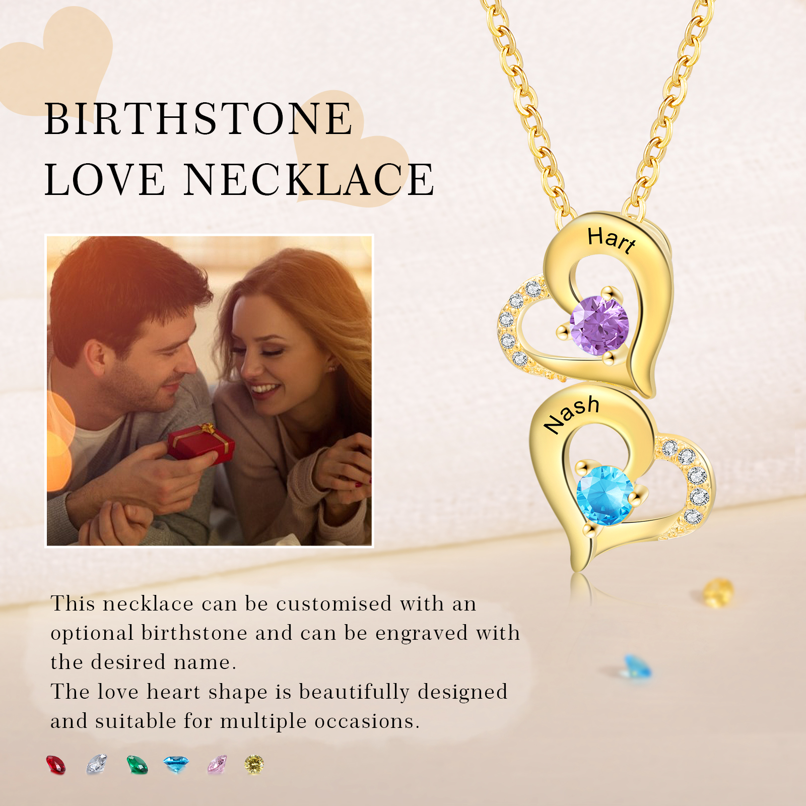 2 Names - Personalised Heart Pendant Necklace Custom Birthstones & Names Necklace Birthday Gift for Her-Jessemade AU
