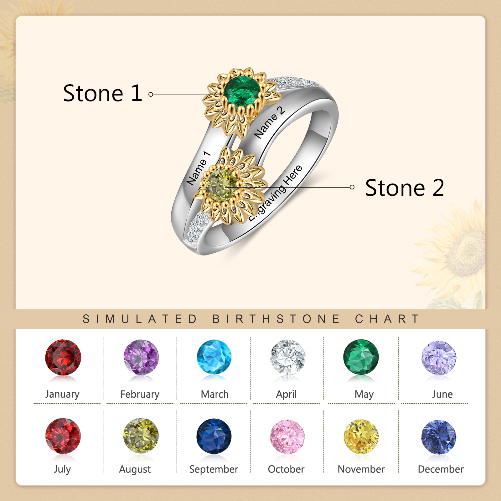 Personalised Sunflower Ring With 2 Birthstones Engraved Names Ring Gift For Women-Jessemade AU