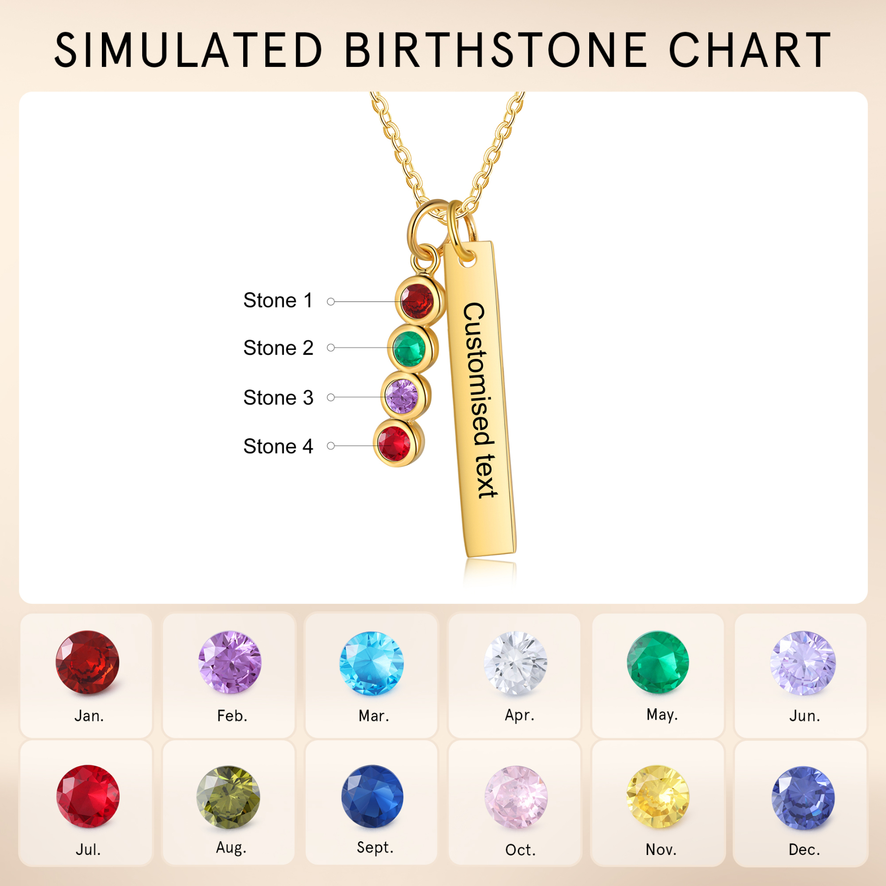 Personalised Bar Pendant Necklace Custom 4 Birthstones & 1 Text Necklace Birthday Gift for Her-Jessemade AU