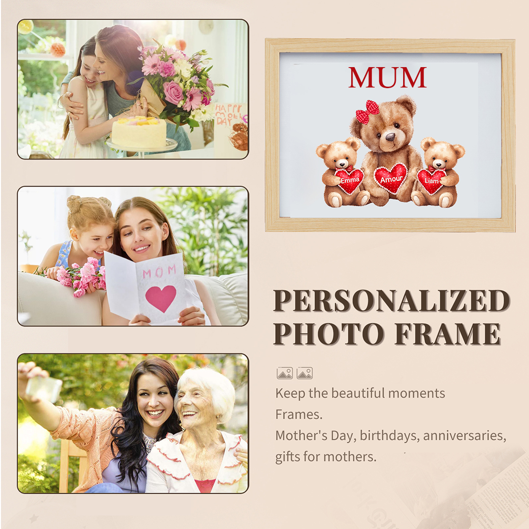 Personalised Frame Night Light Custom 1 Text  & 2 Names Teddy Bears Family Ornament Gifts for Mother/Grandma-Jessemade AU