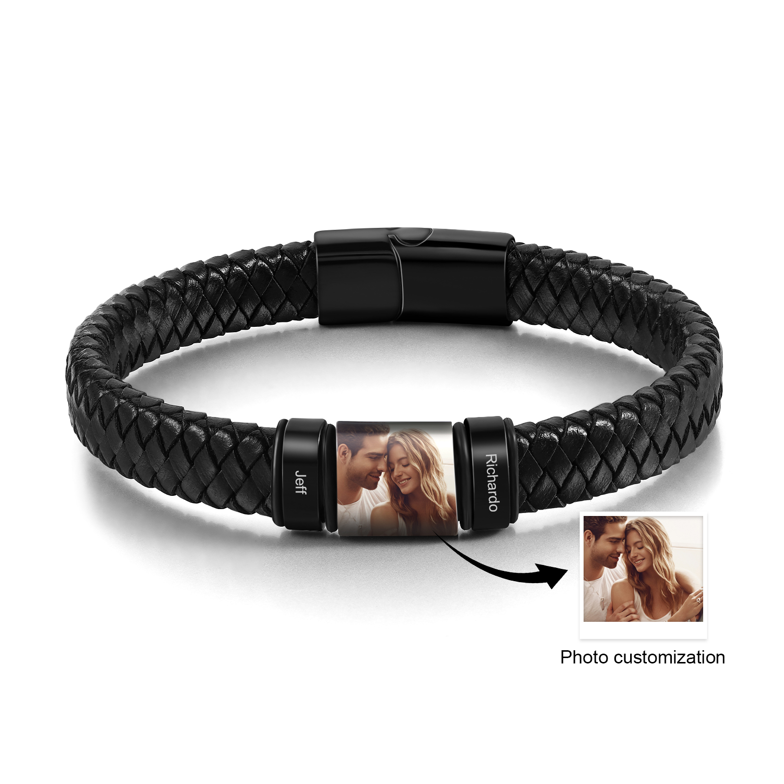 2 Names - Personalised Men's Leather Bracelet Custom Photo Braided Bracelet Gift for Him